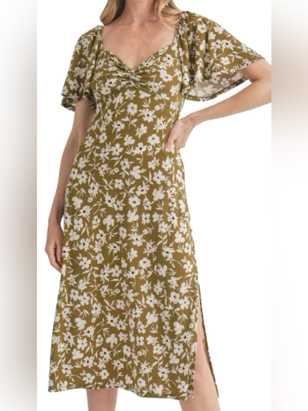 Lush Olive Green and White Floral Midi Dress